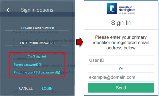 “Can’t sign in?” options for community borrowers and the password reset screen
