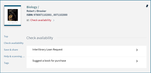 Screenshot showing option to make an Interlibrary loan request under the Check availability section