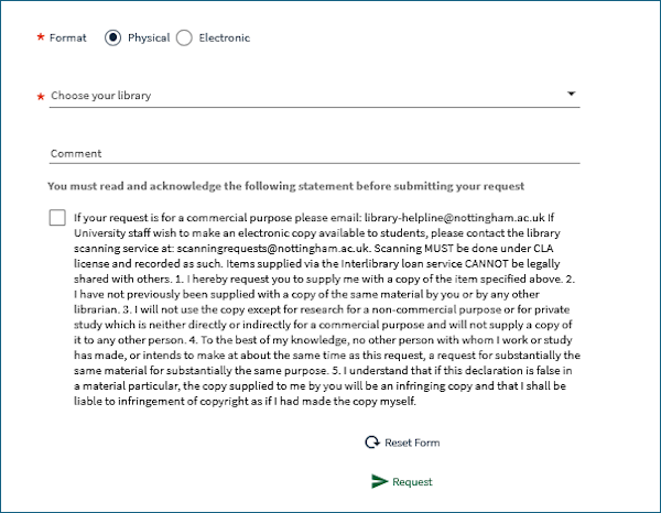 Screenshot of Delivery details section of an interlibrary loan request