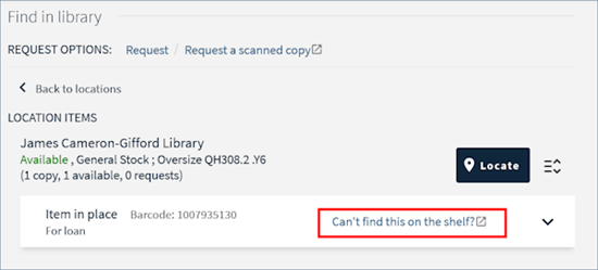 Screenshot highlighting the option "Can't find this on the shelf" for a book item