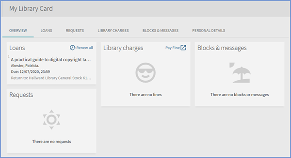 Screenshot of My Library Card showing the overview screen with information on your Loans, Requests, Library Charges and Blocks & Messages
