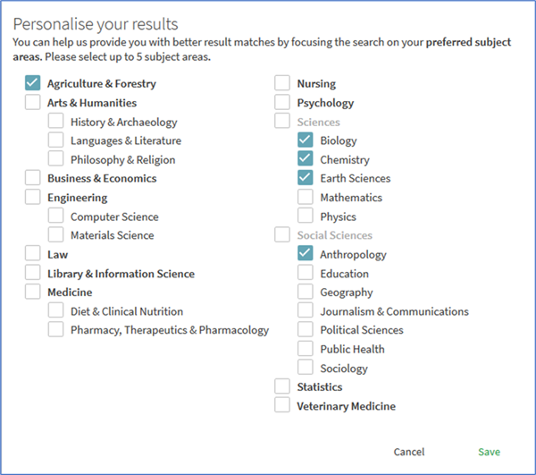 Screenshot of the Personalise your results screen with fives subjects choosen out of the subject areas provided.