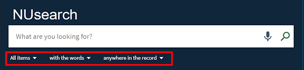 Screenshot highlighting the three quick filters under the NUsearch search box