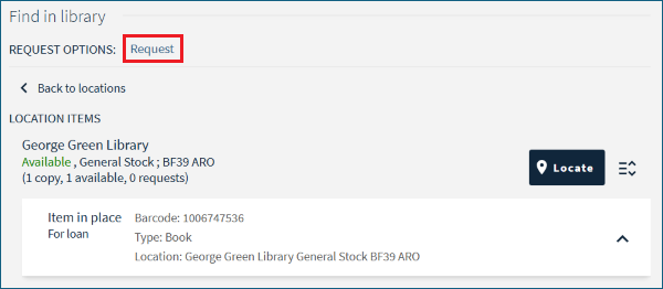 Screenshot of Find in Library section highlighting Request option above copies of a book