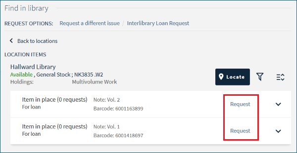 Screenshot showing a multivolume book highlighting the Request option next to each volume
