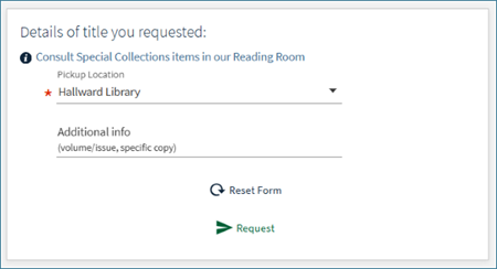 Screenshot of Book request form showing pickup location field completed with Hallward Library