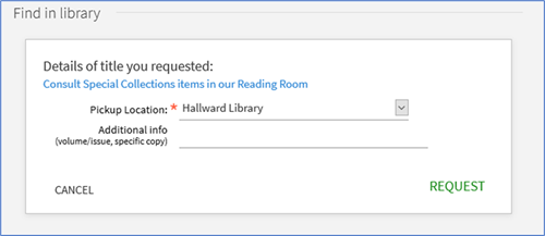 Screenshot of Book request form showing pickup location field completed with Hallward Library