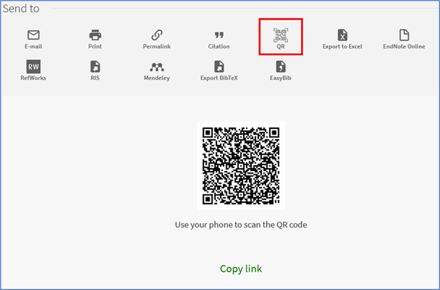 Screenshot of Send to menu with QR code icon highlighted with red box and underneath generated QR code and copy link option