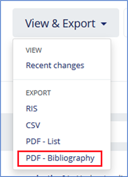 Showing the View & Export menu with option to export a bibliography in a choose citation style