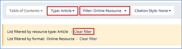 Filtering by Online Resource and Articles, with the option to clear filters