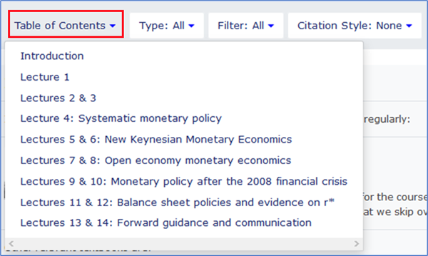 Showing a reading list table of contents