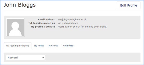 User profile with the option to edit profile and see reading intentions and notes