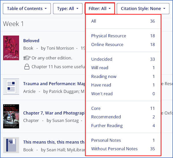 Reading lists filter menu, showing the filter options available