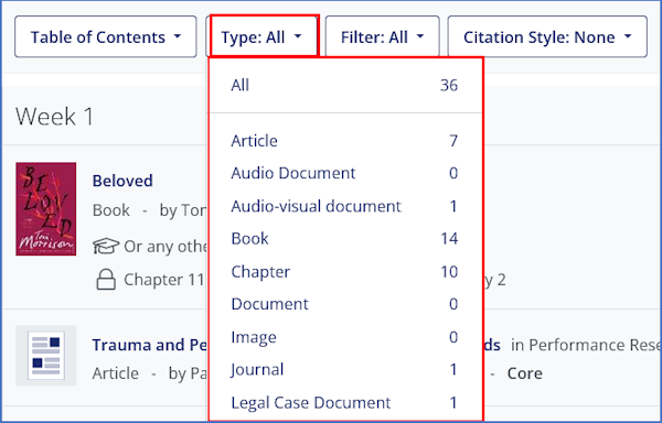 Reading lists Type menu, showing the different resource types you can filter by