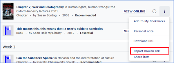 Report broken link option for an reading list item