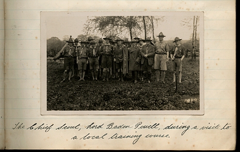 Photograph of Lord Baden-Powell at a Scout camp, taken from St Ann’s Well Road Congregational Church Scout Camp log book, 1931-1933 (CU/Z1/X/2)