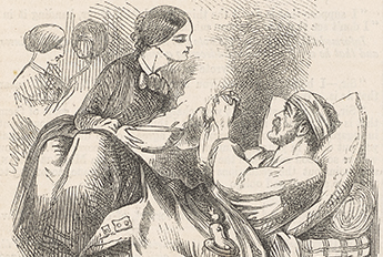 Illustration of Florence Nightingale with a wounded soldier