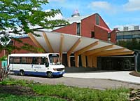 Photograph of the university hopper bus waiting at King's Meadow Campus