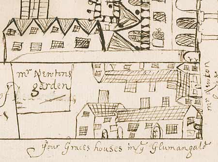 Hand-drawn plan showing individual buildings and detailing other features
