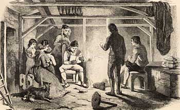 Illustration showing an Icelandic family together, one of them is reading a book aloud