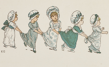 Illustration of dancing children from Kate Greenaway album (1933). From Special Collection, NC242.G7 Oversize XX, barcode 6004590274
