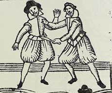 Illustrating showing one man stabbing another with a knife, from the 17th century