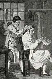 Illustration of a hairdresser combing the hair of his client, who is sat reading a newspaper, dated 1799 to 1808