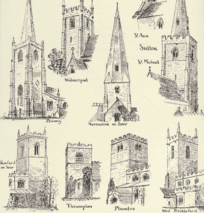 Illustrations of different church spires and towers, published in 1887