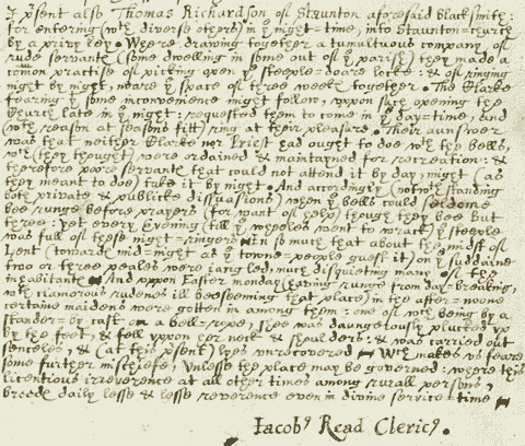 Detail from a Presentment Bill which describes the charges against Thomas Richardson in 1630
