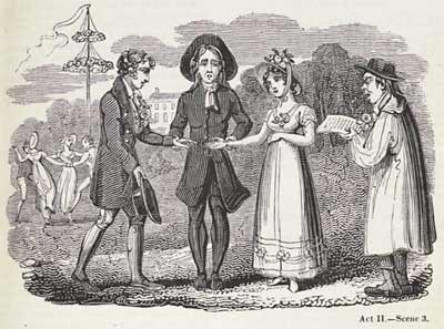 Illustration showing a young couple being married by a Quaker