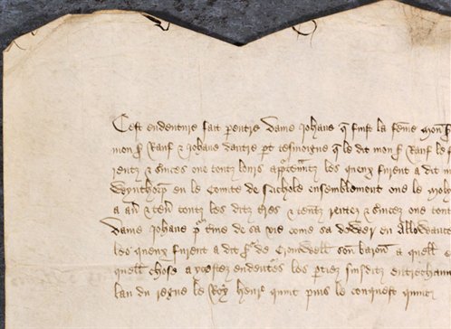Detail from agreement relating to dower, in French, 1417 (Ne D 742)