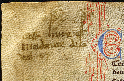 Ownership inscription in volume of French romances and fabliaux, WLC/LM/6, f. 249v