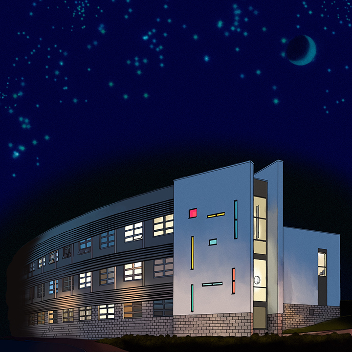 The Mathematical Sciences building at dusk. It is a modern looking building with three storeys and a flat roof. There is grey brick along the bottom of the building, while the rest of the building looks blue in the evening light. The sky is lit up with stars and a crescent moon. Some of the windows are lit up, suggesting students and staff are still there.
