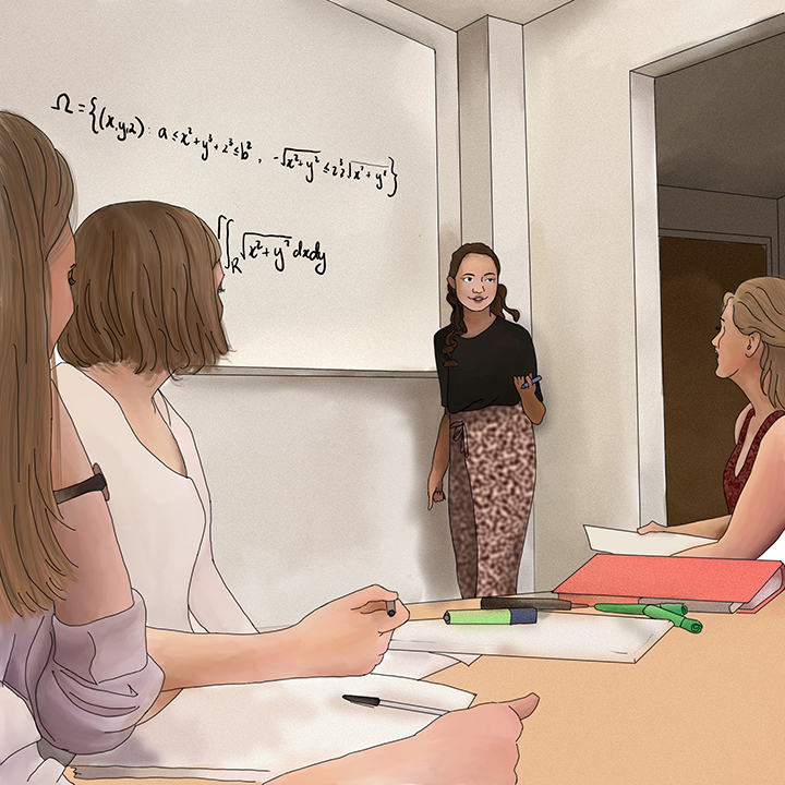 Four female students in a study room. One of them is standing in front of a whiteboard with a pen in her hand. On the whiteboard is a couple of mathematical equations. The other three students are sat down at a table covered in folders, paper and pens. They are looking towards their friend at the whiteboard.