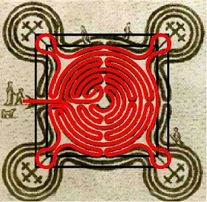 ancient maze design with proposed modern version overlaid