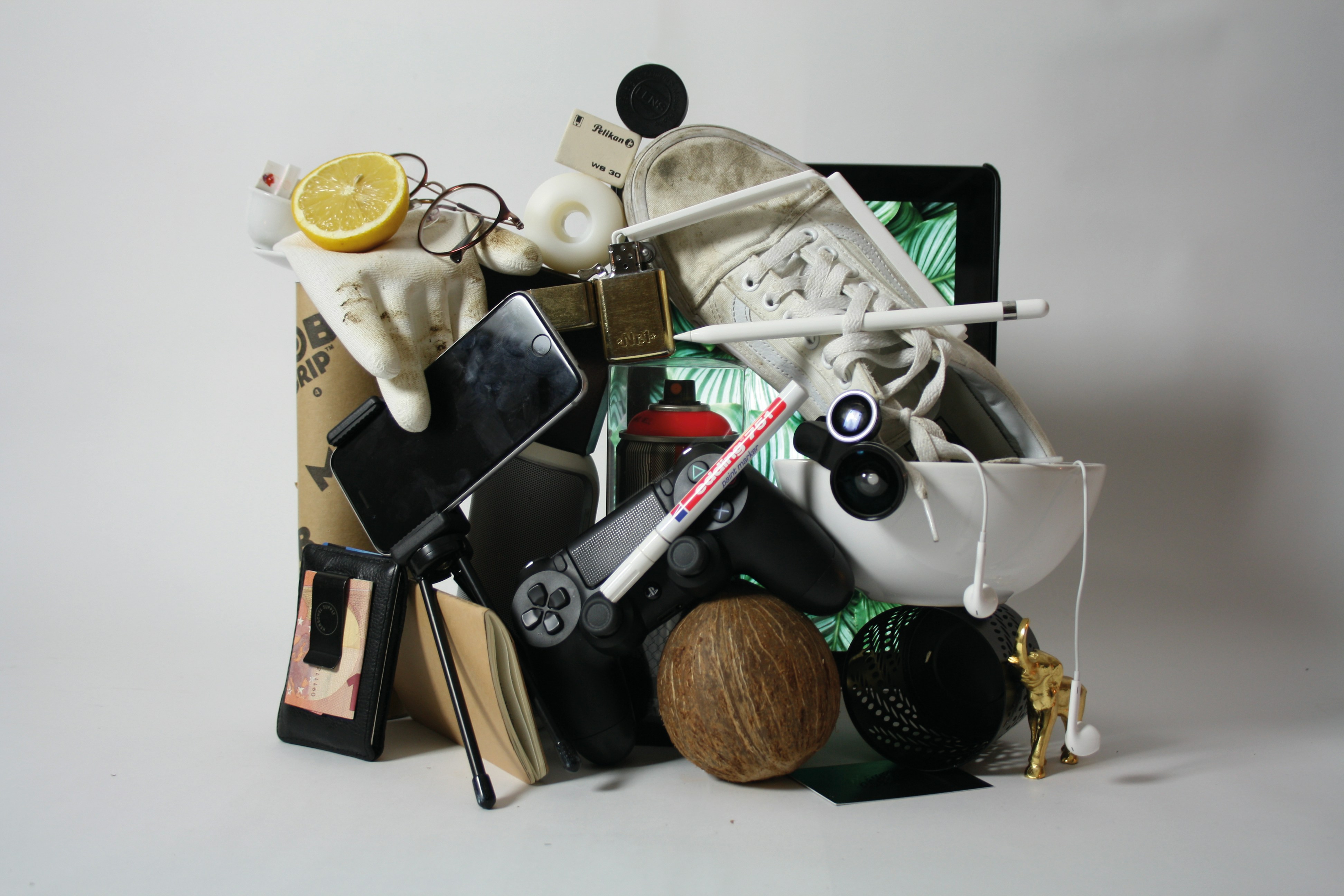 An assortment of personal items stacked on top of each other