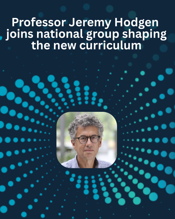 Graphic displaying the text 'Professor Jeremy Hodgen joins national group shaping the new curriculum'