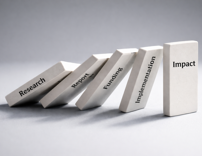 Image of dominoes falling from research to impact