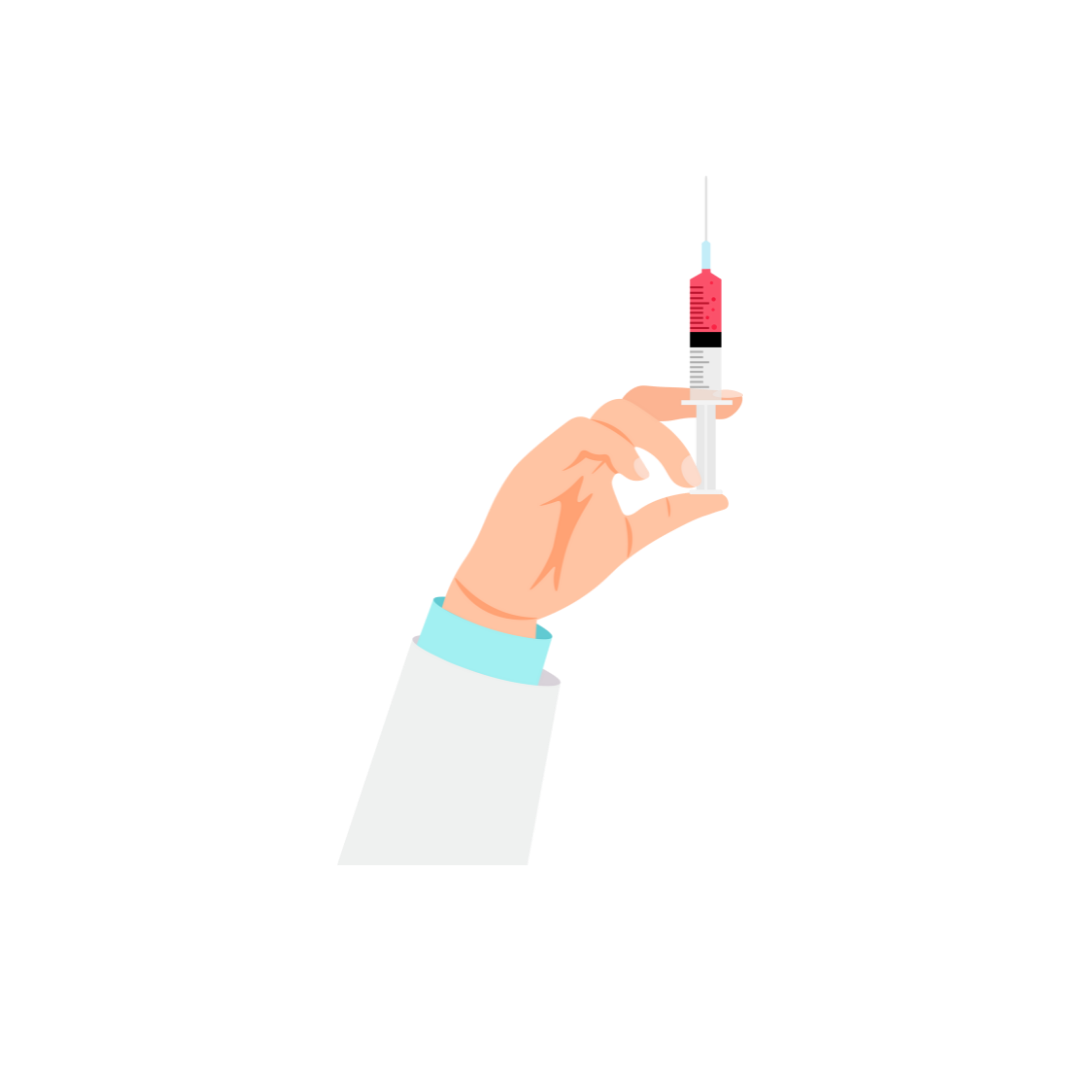 Illustration of a hand, with a white sleeve holding an injection with red liquid inside