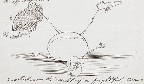 A handwritten limerick by Edward Lear with a cartoon of a man on a bicycle with an icicle hanging from his nose.