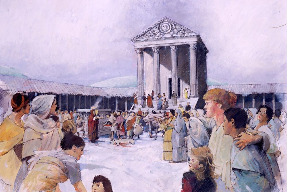 An artist's recreation of a bustling scene in the temple courtyard of Roman Aquae Sulis, Bath, Somerset. (© Ivan Lapper)