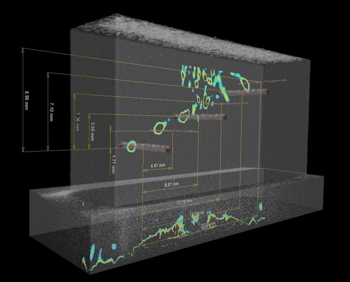 A composite image of a metal 3D printed component with internal passages