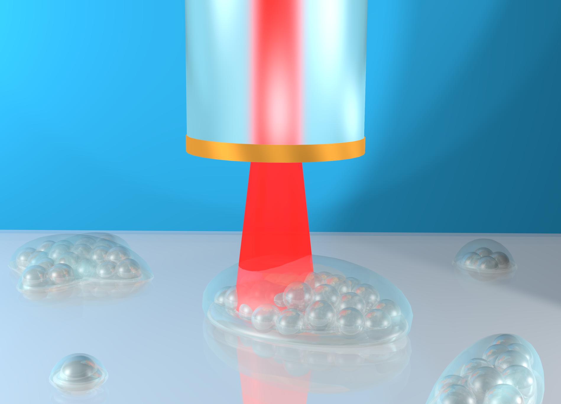 Concept art showing the 3D mapping of microscopic objects by the phonon probe system. The optical fibre contains a metal layer on its tip and projects red laser light into the specimen.