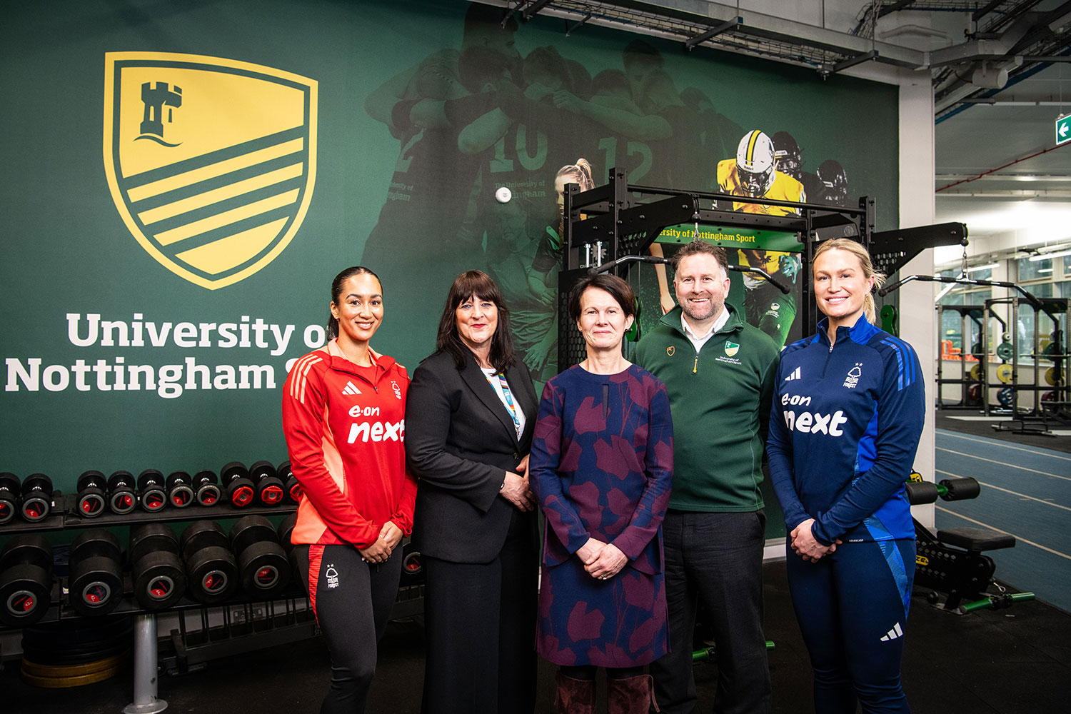 From left, Brie Grierson, Nottingham Forest Netball, Jo Simpson, Chief Commercial Officer, University of Nottingham, Professor Jane Norman, Vice Chancellor, University of Nottingham Dan Tilley, Director of Sport, University of Nottingham, Chelsea Pitman, Head Coach, Nottingham Forest Netball. 