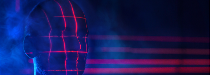 Blue man with red gid lines