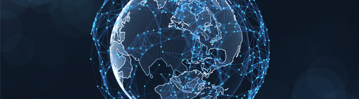 Globe with blue data lines around it