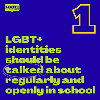 Blue tile with text "LGBT+ identities should be talked about regularly and openly in school"