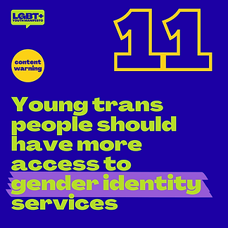 Blue tile with text "Young trans people should have more access to gender identity services"