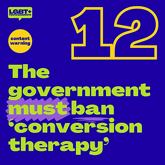 Blue tile with text "The government must ban conversion therapy"