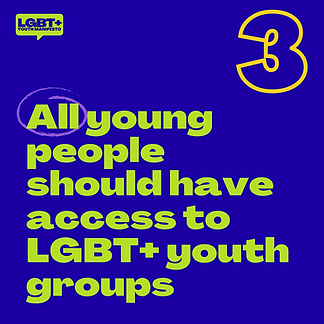 Blue tile with text "All young people should have access to LGBT+ youth groups"